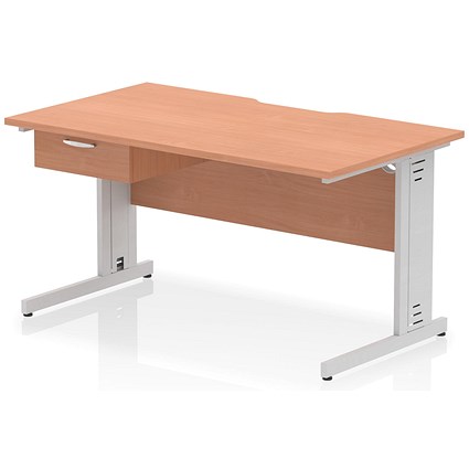 Impulse 1400mm Scalloped Edge Rectangular Desk, Silver Cable Managed Legs, Beech, With 1 x 1 Drawer Fixed Pedestal