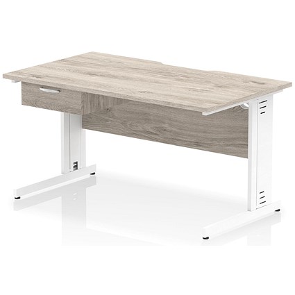 Impulse 1400mm Scalloped Edge Rectangular Desk, White Cable Managed Legs, Grey Oak, With 1 x 1 Drawer Fixed Pedestal