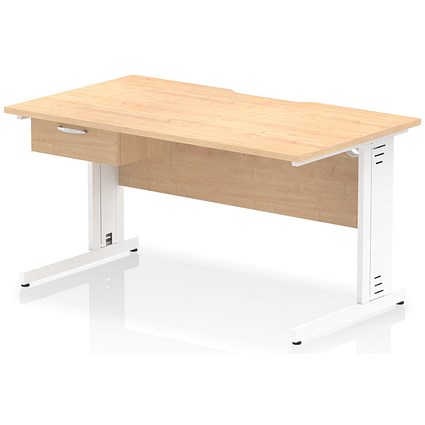 Impulse 1400mm Scalloped Edge Rectangular Desk, White Cable Managed Legs, Maple, With 1 x 1 Drawer Fixed Pedestal