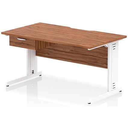 Impulse 1400mm Scalloped Edge Rectangular Desk, White Cable Managed Legs, Walnut, With 1 x 1 Drawer Fixed Pedestal