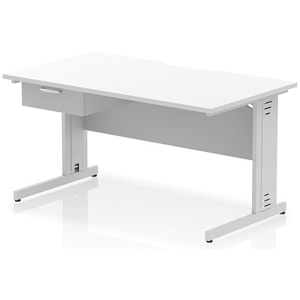 Impulse 1400mm Scalloped Edge Rectangular Desk, Silver Cable Managed Legs, White, With 1 x 1 Drawer Fixed Pedestal