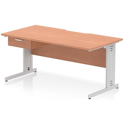 Impulse 1600mm Scalloped Edge Rectangular Desk, Silver Cable Managed Legs, Beech, With 1 x 1 Drawer Fixed Pedestal