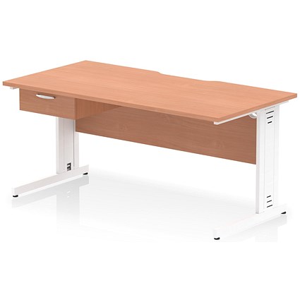 Impulse 1600mm Scalloped Edge Rectangular Desk, White Cable Managed Legs, Beech, With 1 x 1 Drawer Fixed Pedestal