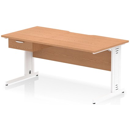 Impulse 1600mm Scalloped Edge Rectangular Desk, White Cable Managed Legs, Oak, With 1 x 1 Drawer Fixed Pedestal