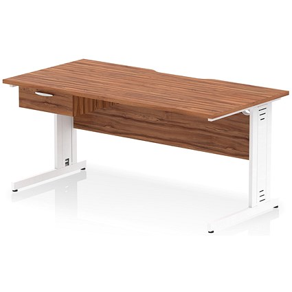 Impulse 1600mm Scalloped Edge Rectangular Desk, White Cable Managed Legs, Walnut, With 1 x 1 Drawer Fixed Pedestal