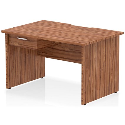 Impulse 1200mm Scalloped Edge Rectangular Desk, Panel End Legs, Walnut With 1 x 1 Drawer Fixed Pedestal