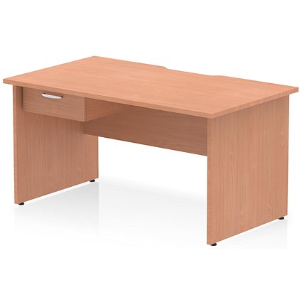 Impulse 1400mm Scalloped Edge Rectangular Desk, Panel End Legs, Beech With 1 x 1 Drawer Fixed Pedestal