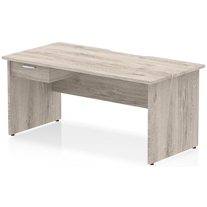 Impulse 1600mm Scalloped Edge Rectangular Desk, Panel End Legs, Grey Oak With 1 x 1 Drawer Fixed Pedestal