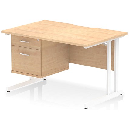 Impulse 1200mm Scalloped Edge Rectangular Desk, White Cantilever Legs, Maple, With 1 x 2 Drawer Fixed Pedestal