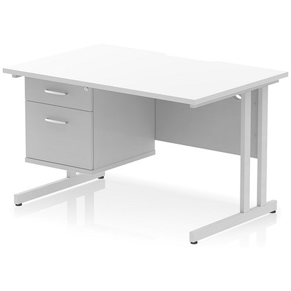 Impulse 1200mm Scalloped Edge Rectangular Desk, Silver Cantilever Legs, White, With 1 x 2 Drawer Fixed Pedestal