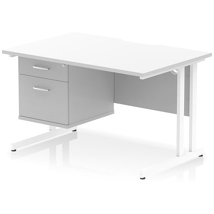 Impulse 1200mm Scalloped Edge Rectangular Desk, White Cantilever Legs, White, With 1 x 2 Drawer Fixed Pedestal