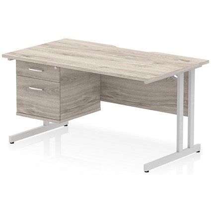 Impulse 1400mm Scalloped Edge Rectangular Desk, Silver Cantilever Legs, Grey Oak, With 1 x 2 Drawer Fixed Pedestal