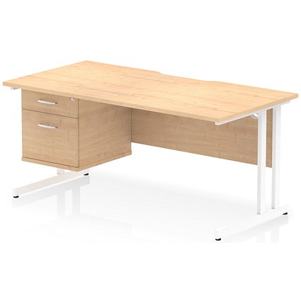 Impulse 1600mm Scalloped Edge Rectangular Desk, White Cantilever Legs, Maple, With 1 x 2 Drawer Fixed Pedestal