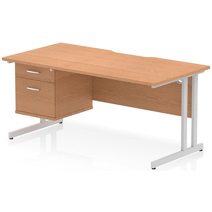 Impulse 1600mm Scalloped Edge Rectangular Desk, Silver Cantilever Legs, Oak, With 1 x 2 Drawer Fixed Pedestal