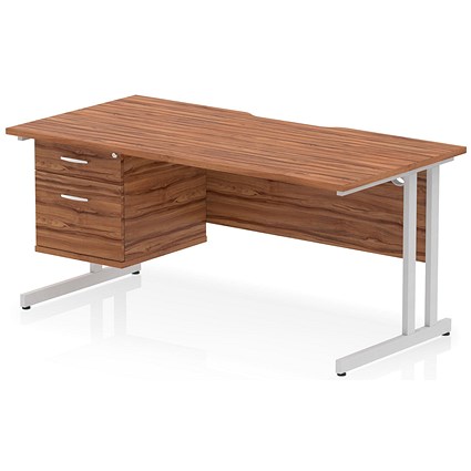 Impulse 1600mm Scalloped Edge Rectangular Desk, Silver Cantilever Legs, Walnut, With 1 x 2 Drawer Fixed Pedestal