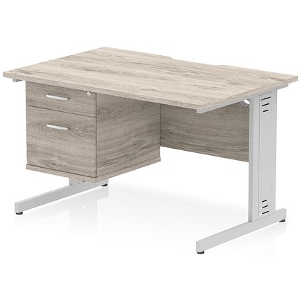 Impulse 1200mm Scalloped Edge Rectangular Desk, Silver Cable Managed Legs, Grey Oak, With 1 x 2 Drawer Fixed Pedestal