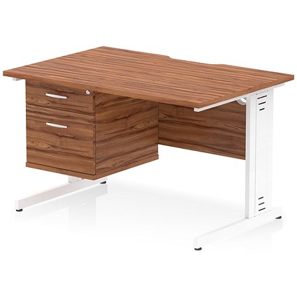 Impulse 1200mm Scalloped Edge Rectangular Desk, White Cable Managed Legs, Walnut, With 1 x 2 Drawer Fixed Pedestal