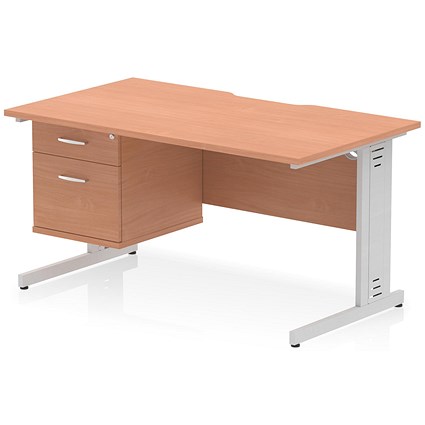 Impulse 1400mm Scalloped Edge Rectangular Desk, Silver Cable Managed Legs, Beech, With 1 x 2 Drawer Fixed Pedestal