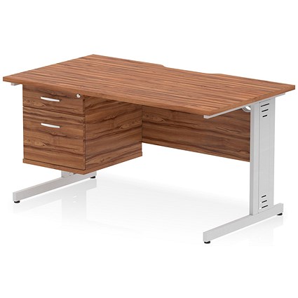 Impulse 1400mm Scalloped Edge Rectangular Desk, Silver Cable Managed Legs, Walnut, With 1 x 2 Drawer Fixed Pedestal