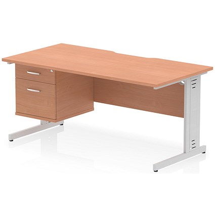 Impulse 1600mm Scalloped Edge Rectangular Desk, Silver Cable Managed Legs, Beech, With 1 x 2 Drawer Fixed Pedestal