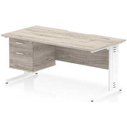 Impulse 1600mm Scalloped Edge Rectangular Desk, White Cable Managed Legs, Grey Oak, With 1 x 2 Drawer Fixed Pedestal