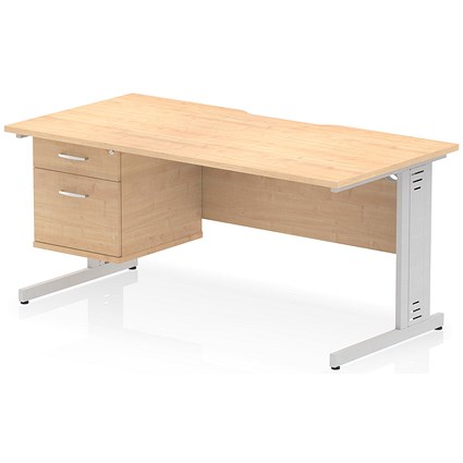 Impulse 1600mm Scalloped Edge Rectangular Desk, Silver Cable Managed Legs, Maple, With 1 x 2 Drawer Fixed Pedestal