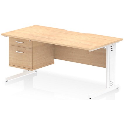 Impulse 1600mm Scalloped Edge Rectangular Desk, White Cable Managed Legs, Maple, With 1 x 2 Drawer Fixed Pedestal