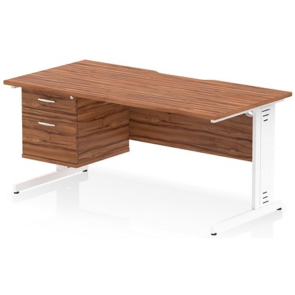 Impulse 1600mm Scalloped Edge Rectangular Desk, White Cable Managed Legs, Walnut, With 1 x 2 Drawer Fixed Pedestal