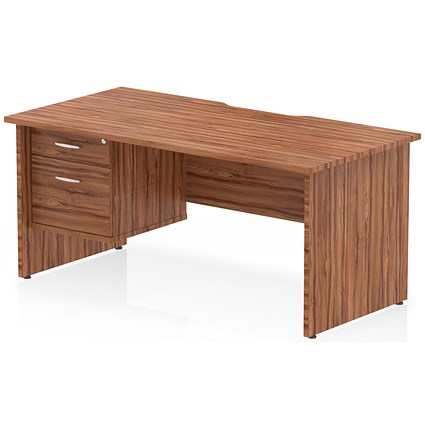 Impulse 1600mm Scalloped Edge Rectangular Desk, Panel End Legs, Walnut With 1 x 2 Drawer Fixed Pedestal