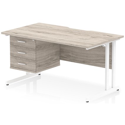 Impulse 1400mm Scalloped Edge Rectangular Desk, White Cantilever Legs, Grey Oak, With 1 x 3 Drawer Fixed Pedestal