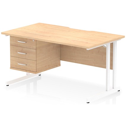 Impulse 1400mm Scalloped Edge Rectangular Desk, White Cantilever Legs, Maple, With 1 x 3 Drawer Fixed Pedestal