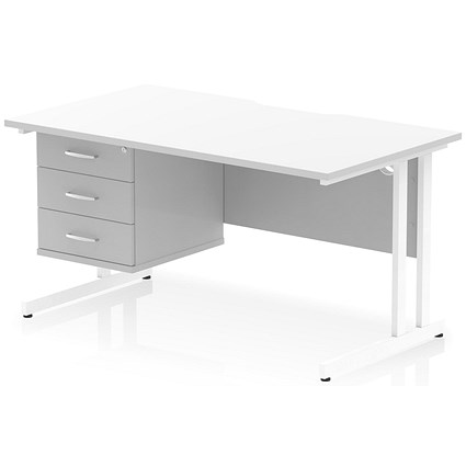 Impulse 1400mm Scalloped Edge Rectangular Desk, White Cantilever Legs, White, With 1 x 3 Drawer Fixed Pedestal