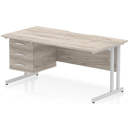 Impulse 1600mm Scalloped Edge Rectangular Desk, Silver Cantilever Legs, Grey Oak, With 1 x 3 Drawer Fixed Pedestal