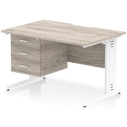 Impulse 1200mm Scalloped Edge Rectangular Desk, White Cable Managed Legs, Grey Oak, With 1 x 3 Drawer Fixed Pedestal