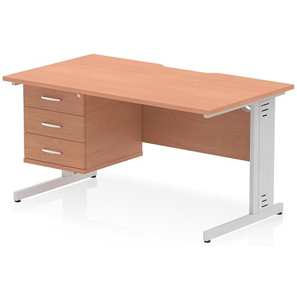 Impulse 1400mm Scalloped Edge Rectangular Desk, Silver Cable Managed Legs, Beech, With 1 x 3 Drawer Fixed Pedestal