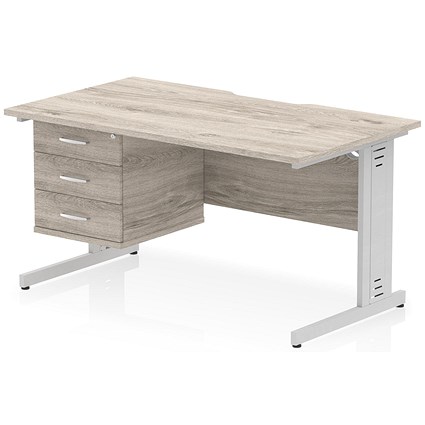 Impulse 1400mm Scalloped Edge Rectangular Desk, Silver Cable Managed Legs, Grey Oak, With 1 x 3 Drawer Fixed Pedestal