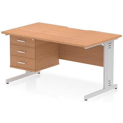 Impulse 1400mm Scalloped Edge Rectangular Desk, Silver Cable Managed Legs, Oak, With 1 x 3 Drawer Fixed Pedestal