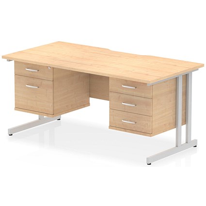 Impulse 1600mm Scalloped Edge Rectangular Desk, Silver Cantilever Legs, Maple, With 1 x 2 Drawer and 1 x 3 Drawer Fixed Pedestals