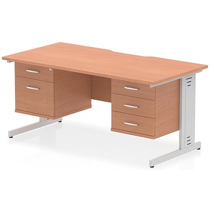 Impulse 1600mm Scalloped Edge Rectangular Desk, Silver Cable Managed Legs, Beech, With 1 x 2 Drawer and 1 x 3 Drawer Fixed Pedestals