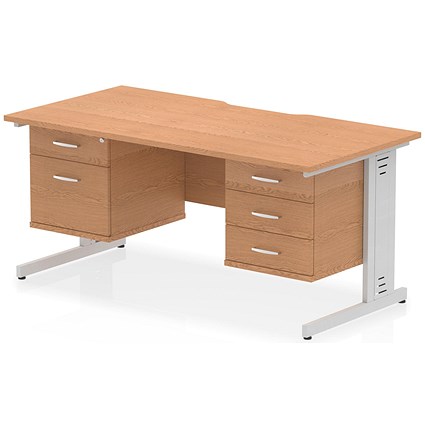 Impulse 1600mm Scalloped Edge Rectangular Desk, Silver Cable Managed Legs, Oak, With 1 x 2 Drawer and 1 x 3 Drawer Fixed Pedestals