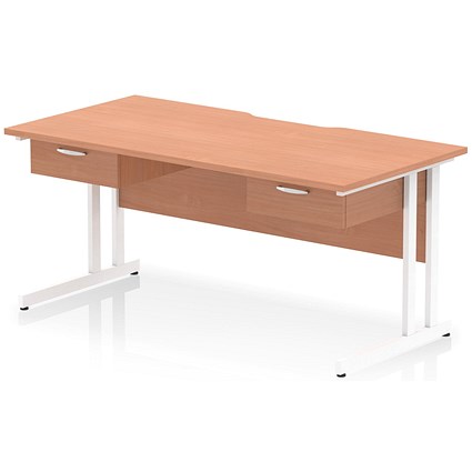 Impulse 1600mm Scalloped Edge Rectangular Desk, White Cantilever Legs, Beech, With 2 x 1 Drawer Fixed Pedestals