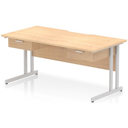 Impulse 1600mm Scalloped Edge Rectangular Desk, Silver Cantilever Legs, Maple, With 2 x 1 Drawer Fixed Pedestals