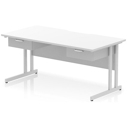 Impulse 1600mm Scalloped Edge Rectangular Desk, Silver Cantilever Legs, White, With 2 x 1 Drawer Fixed Pedestals