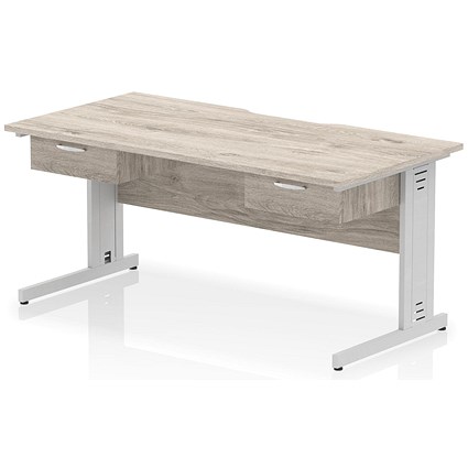 Impulse 1600mm Scalloped Edge Rectangular Desk, Silver Cable Managed Legs, Grey Oak, With 2 x 1 Drawer Fixed Pedestals