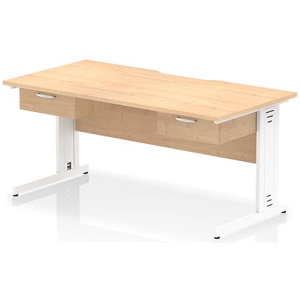 Impulse 1600mm Scalloped Edge Rectangular Desk, White Cable Managed Legs, Maple, With 2 x 1 Drawer Fixed Pedestals