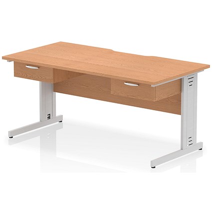 Impulse 1600mm Scalloped Edge Rectangular Desk, Silver Cable Managed Legs, Oak, With 2 x 1 Drawer Fixed Pedestals