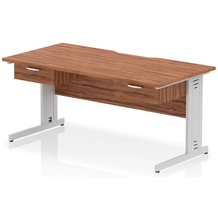 Impulse 1600mm Scalloped Edge Rectangular Desk, Silver Cable Managed Legs, Walnut, With 2 x 1 Drawer Fixed Pedestals