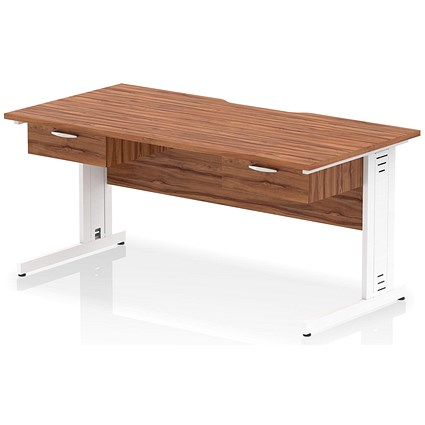 Impulse 1600mm Scalloped Edge Rectangular Desk, White Cable Managed Legs, Walnut, With 2 x 1 Drawer Fixed Pedestals