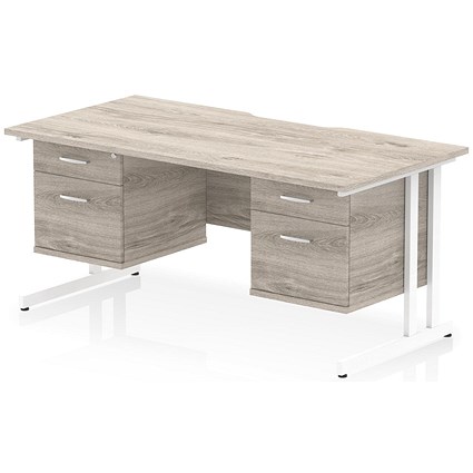 Impulse 1600mm Scalloped Edge Rectangular Desk, White Cantilever Legs, Grey Oak, With 2 x 2 Drawer Fixed Pedestals