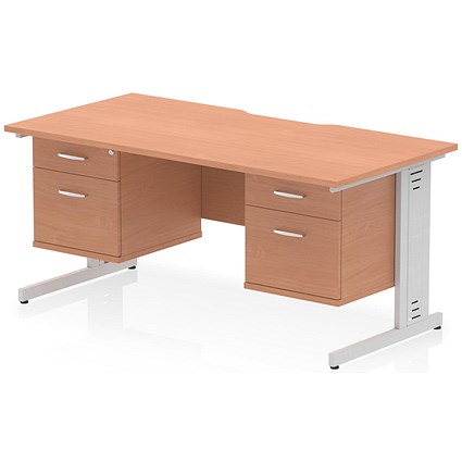 Impulse 1600mm Scalloped Edge Rectangular Desk, Silver Cable Managed Legs, Beech, With 2 x 2 Drawer Fixed Pedestals